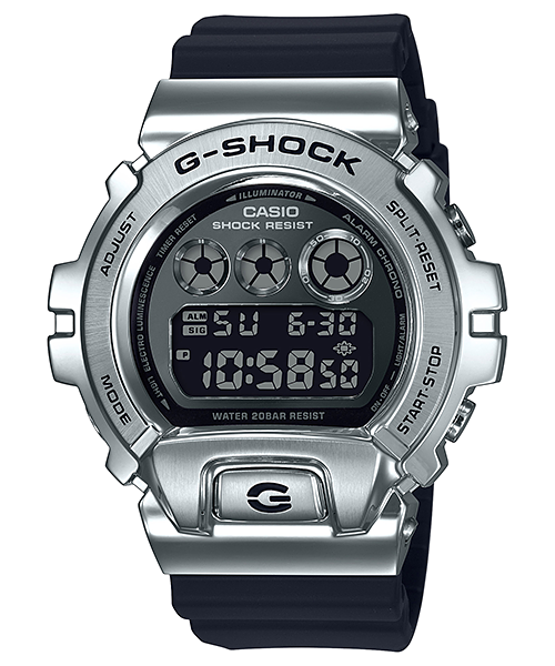 G-Shock digital watch with a silver metallic case and black band.