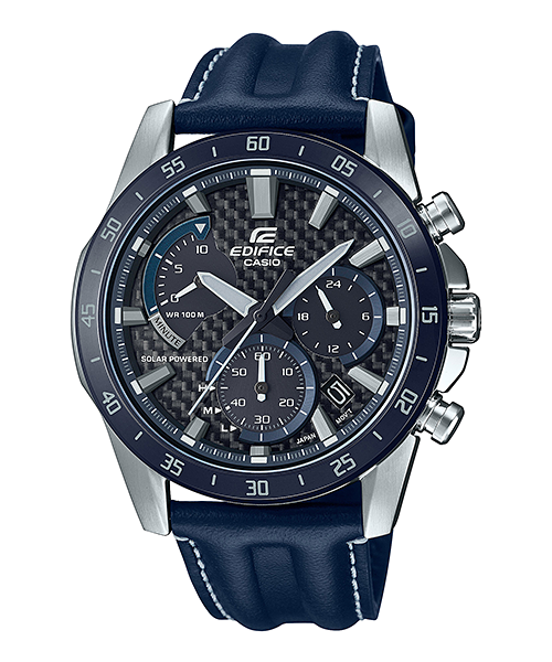 Sleek chronograph wristwatch with a navy blue leather strap and silver-toned case.