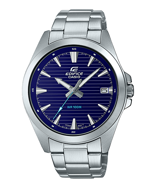 Silver wristwatch with a blue dial and Casio Edifice branding.