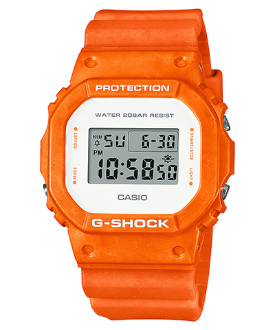 Bright orange G-Shock digital wristwatch with a square face and rugged design.